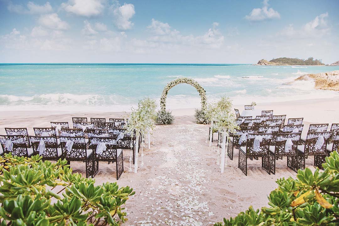 Beachfront wedding ceremony at Willow Creek Inn, with a floral arch and rows of chairs facing the ocean along a petal-lined aisle.